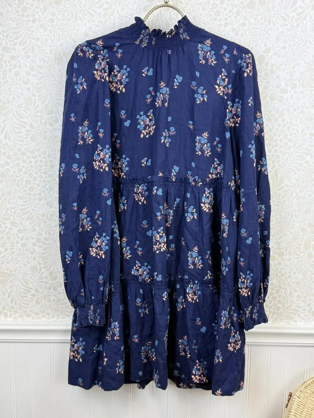 Free People Indigo Linen Blend Petit Fours Floral Mini Dress - Size - Small